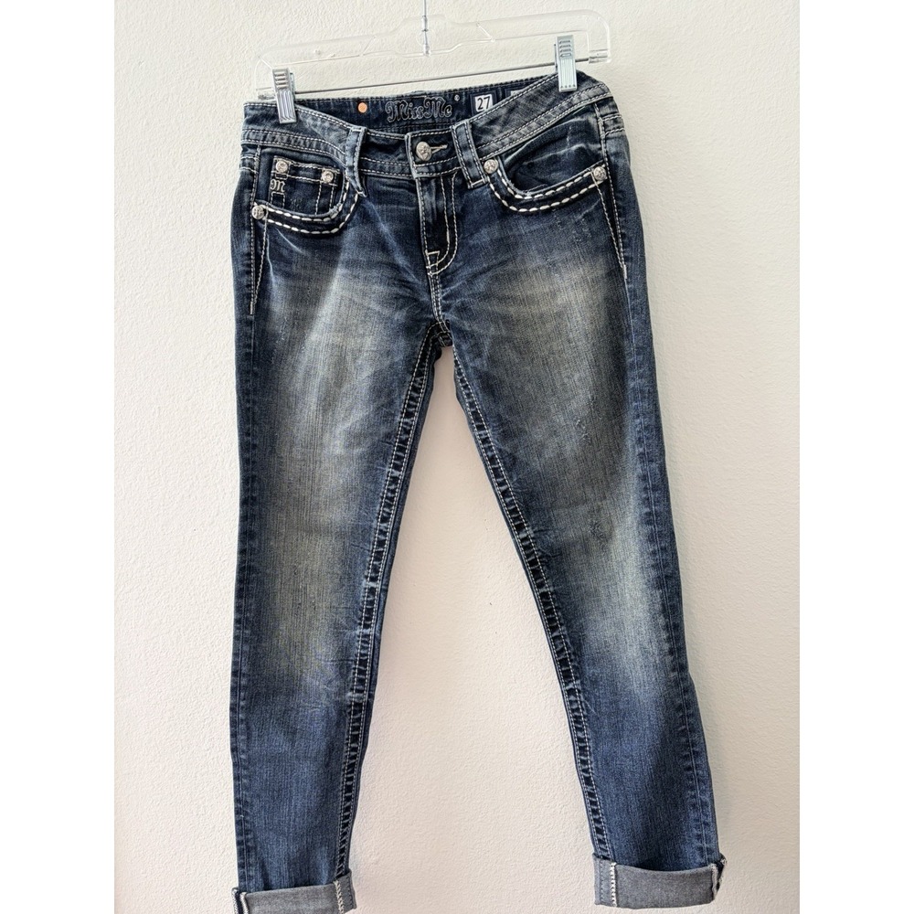 Miss Me Jeans Womens 27 Skinny Rolled Cuffed Peace Sign Floral Sequin Bling